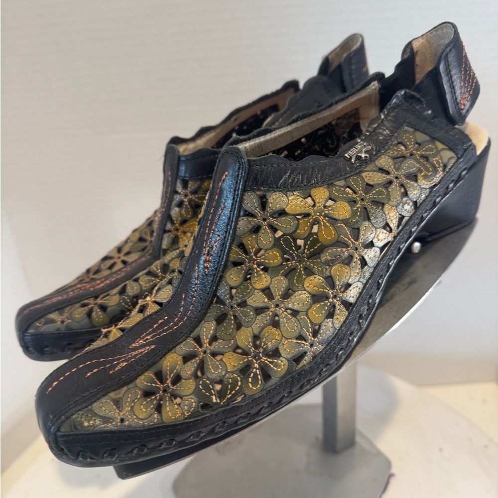 Pikolinos Romana Slingback Leather Floral Black/Green SIZE US 8.5 Made In Spain - Picture 2 of 8